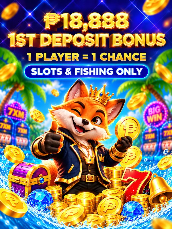 Advertisement artwork promoting a ₱18,888 first-deposit bonus, one chance per player, for slots and fishing only. Offer terms have not been verified.