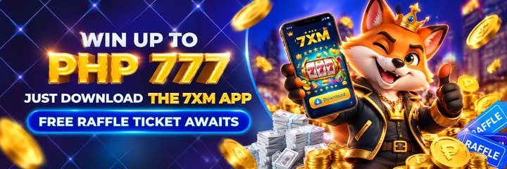 Advertisement artwork promoting a 7XM app download raffle with a prize of up to PHP 777. Offer terms have not been verified.